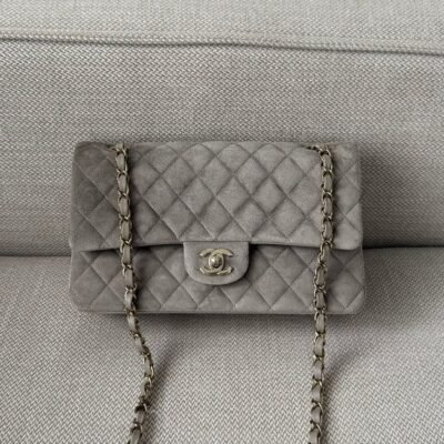 CHANEL Grey Suede Classic Flap Medium GHW