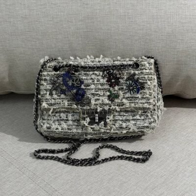CHANEL Grey/Beige Tweed Classic Flap Small SHW