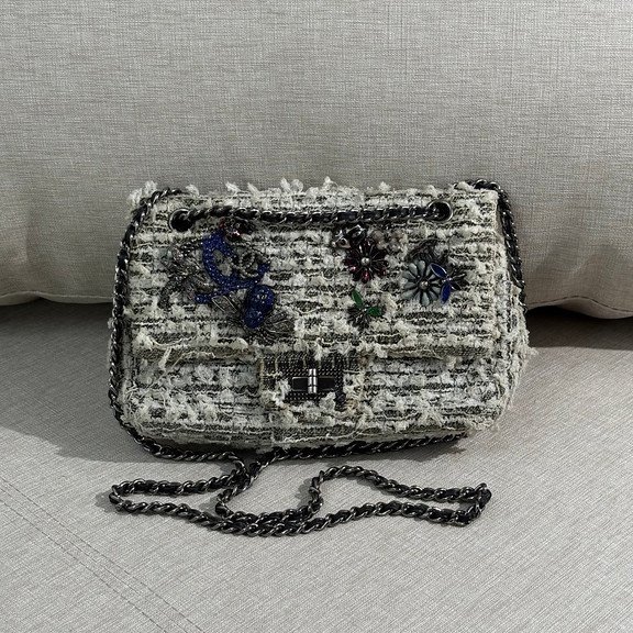 CHANEL Grey/Beige Tweed Classic Flap Small SHW