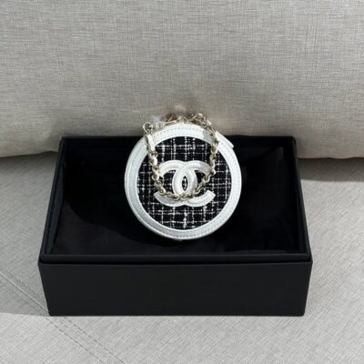 CHANEL Black/White Tweed Round Clutch with Chain Mini SHW
