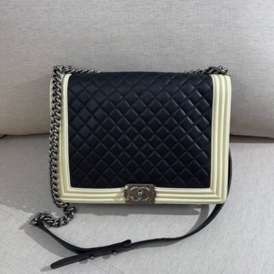CHANEL Black/Cream Lambskin Boy Bag Large SHW