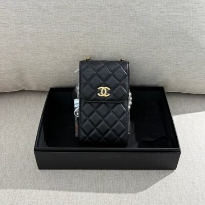 CHANEL Black Lambskin Phone Holder GHW