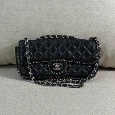 CHANEL Black Lambskin Chain Around Flap East West SHW