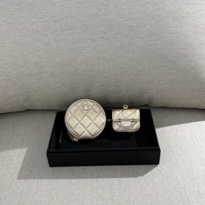 CHANEL Gold Metallic Lambskin Coin Purse with AirPods Case Set Mini GHW