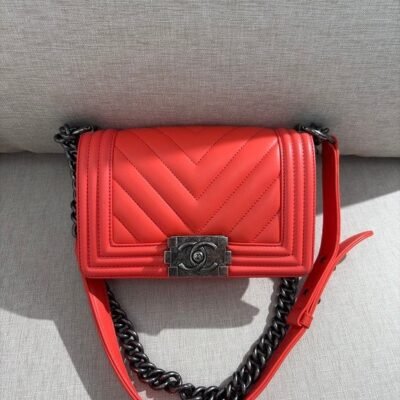CHANEL Red Lambskin Boy Bag Small RHW