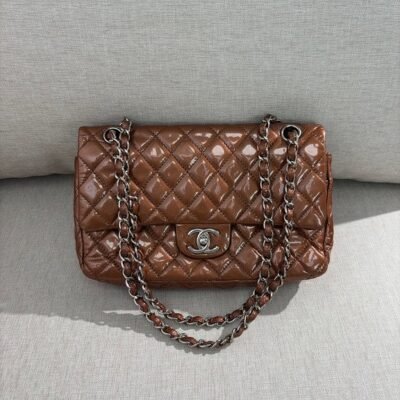 CHANEL Brown Patent Leather Classic Flap Medium SHW