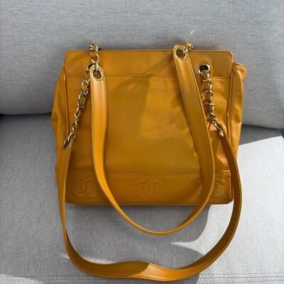 CHANEL Mustard Yellow Caviar Triple CC Tote Medium GHW