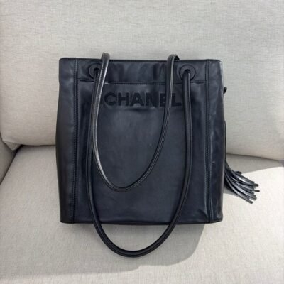 CHANEL Black Lambskin Logo Tote Medium SHW