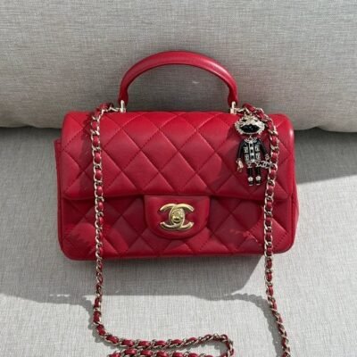 CHANEL Red Lambskin Mini Flap with Top Handle GHW