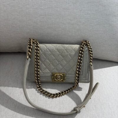 CHANEL Gray Suede Boy Bag Old Medium GHW