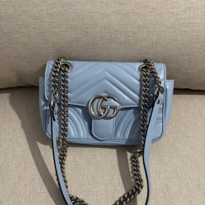 GUCCI Pale Blue Matelassé Leather GG Marmont Mini SHW