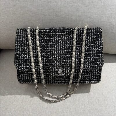 CHANEL Black/White Tweed Classic Flap Medium SHW