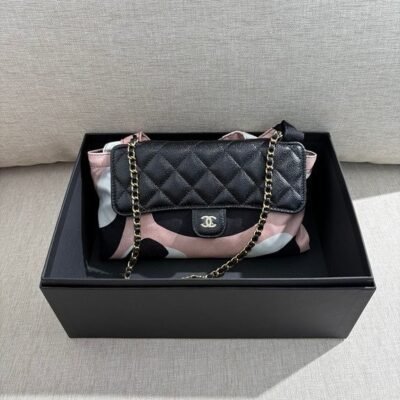CHANEL Black Caviar & Printed Nylon Foldable Tote Bag GHW