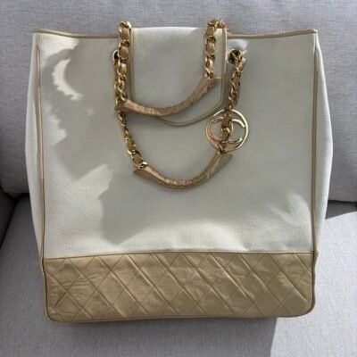 CHANEL Cream/Beige Leather CC Logo Tote Large GHW