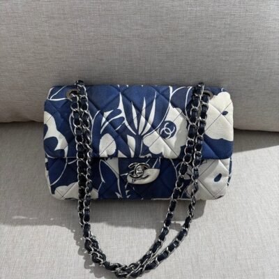 CHANEL Navy Blue/White Cotton Canvas Classic Flap Mini SHW