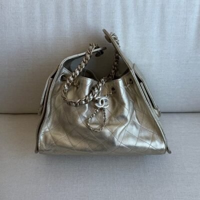 CHANEL Light Gold Caviar Drawstring Bucket Bag Small GHW