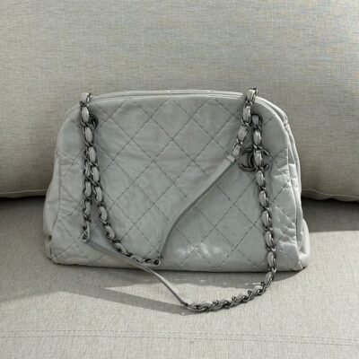CHANEL Light Grey Calfskin Just Mademoiselle Bowling Bag Medium SHW