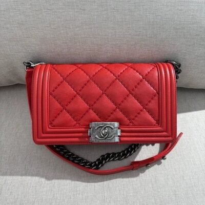 CHANEL Red Lambskin Boy Bag Old Medium RHW