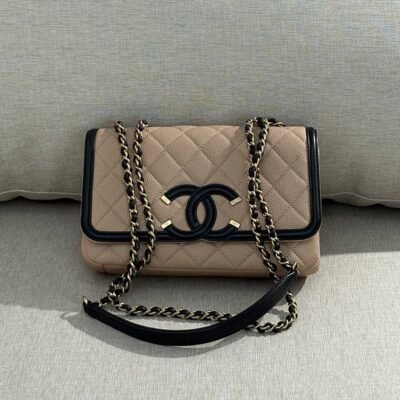 CHANEL Beige/Black Caviar CC Filigree Flap Small GHW