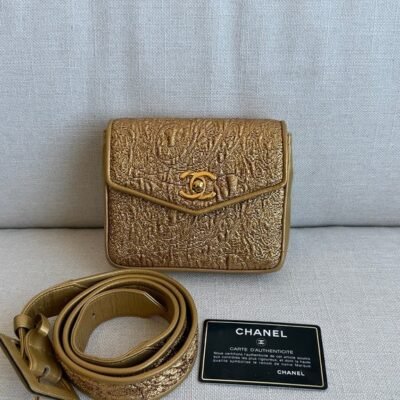CHANEL Gold Metallic Leather Camellia Belt Bag Mini GHW