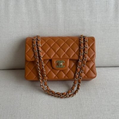 CHANEL Caramel/Black Caviar Tweed Classic Flap Medium GHW