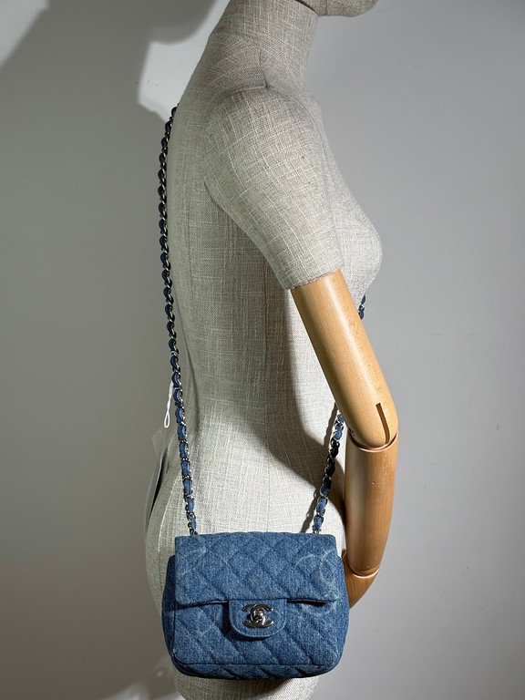 CHANEL Blue Denim Classic Flap Mini SHW - Image 2