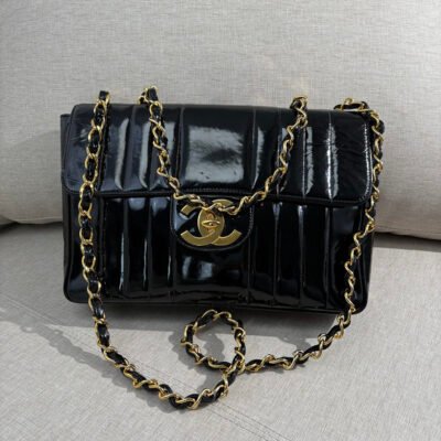 CHANEL Black Patent Leather Vertical Quilted Flap Jumbo GHW