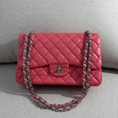 CHANEL Coral Pink Lambskin Classic Flap Jumbo SHW
