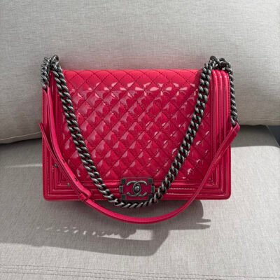 CHANEL Red Patent Leather Boy Bag Large RHW