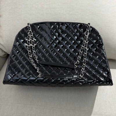 CHANEL Black Patent Leather Just Mademoiselle Bowling Bag Large SHW