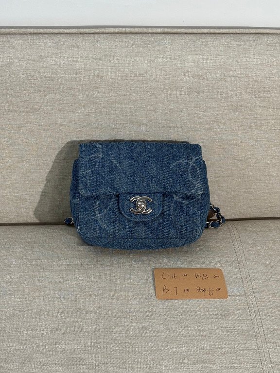 CHANEL Blue Denim Classic Flap Mini SHW - Image 14