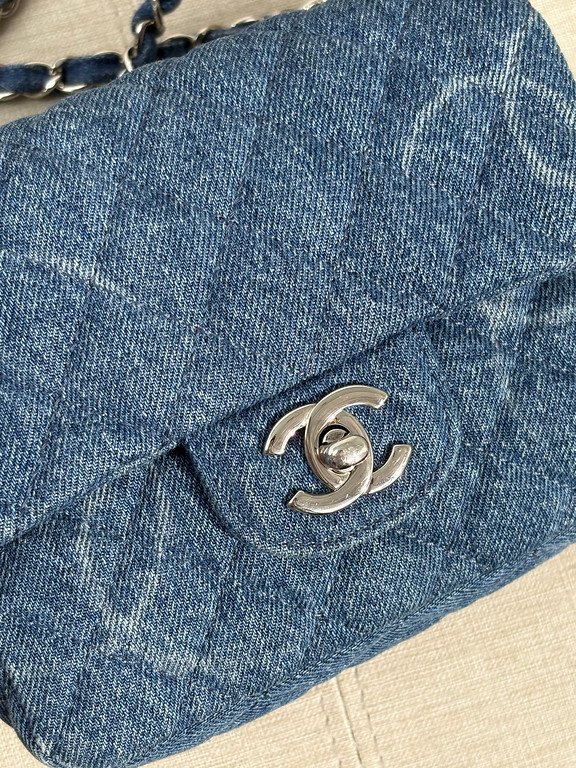 CHANEL Blue Denim Classic Flap Mini SHW - Image 10