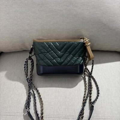 CHANEL Dark Green/Black Aged Calfskin Gabrielle Hobo Small Mixed HW