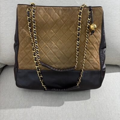 CHANEL Beige/Black Suede Lambskin Quilted Tote Large GHW