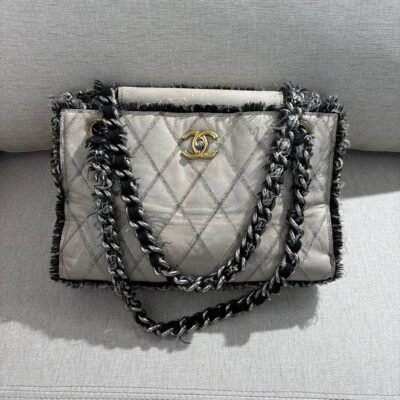 CHANEL Grey Lambskin Tweed Trim Shopping Tote Medium GHW
