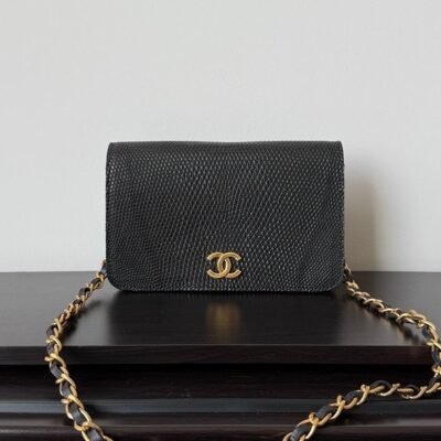 CHANEL Black Lizard Wallet on Chain WOC GHW