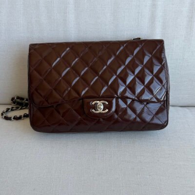 CHANEL Brown Patent Leather Classic Flap Maxi SHW