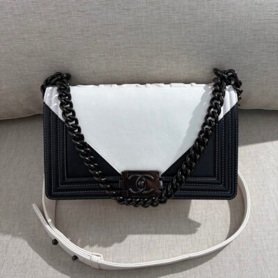 CHANEL Black and White Calfskin Boy Bag Old Medium BHW