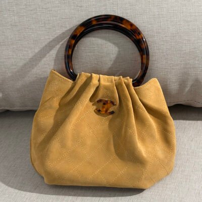 CHANEL Yellow Suede Ring Handle Bag Small GHW