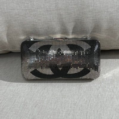 CHANEL Silver/Black Metal Mesh CC Logo Minaudière Small SHW