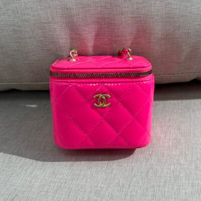 CHANEL Neon Pink Patent Leather Vanity Case Mini GHW