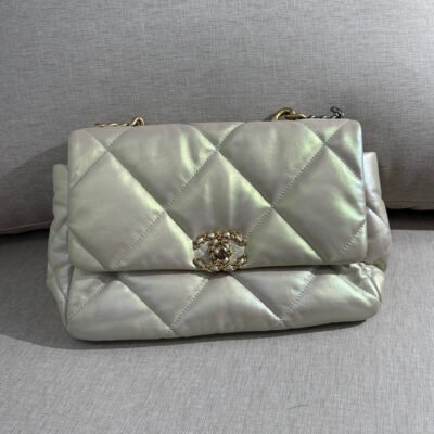 CHANEL Iridescent Silver Lambskin 19 Flap Bag Large GHW