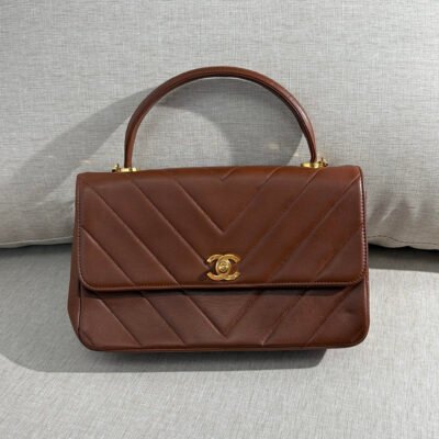 CHANEL Brown Lambskin Chevron Top Handle Flap Medium GHW