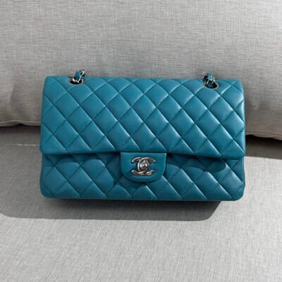 CHANEL Teal Blue Lambskin Classic Flap Medium SHW
