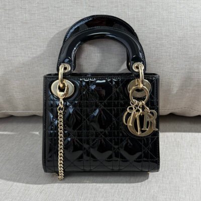 DIOR Black Patent Leather Lady Dior Mini LGHW
