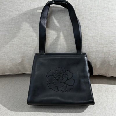 CHANEL Black Lambskin Camellia Shoulder Bag Medium GHW