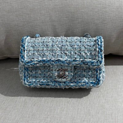 CHANEL Blue/White Tweed Classic Flap Mini SHW