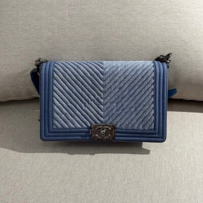 CHANEL Blue Denim Boy Bag Medium RHW