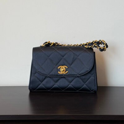 CHANEL Navy Blue Satin Classic Flap Small GHW