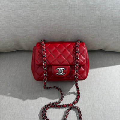 CHANEL Red Lambskin Classic Flap Mini Square SHW